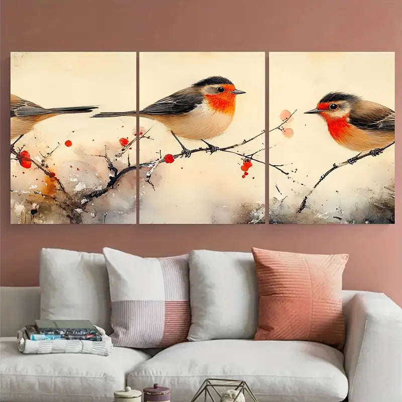 3pcs Birds on a Branch Japanese Nature Metal Print Ready to Hang Art