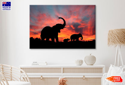 Elephant Family & Sunset Sky View Wall Art Decor 100% Australian Made