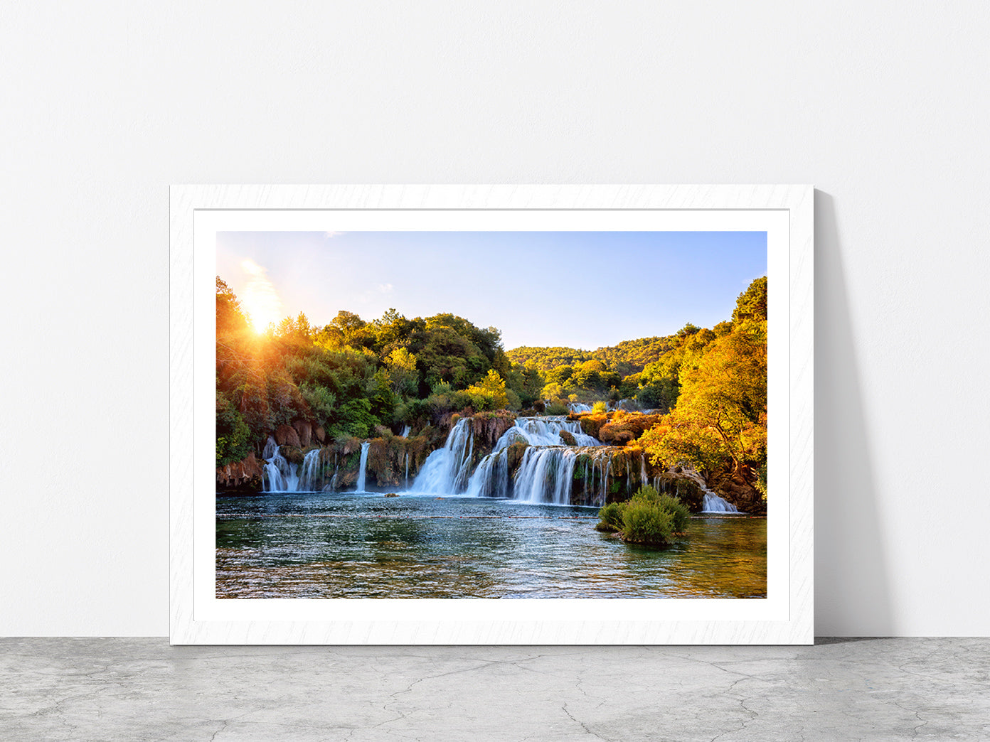 Skradinski Buk Waterfall Sunrise Glass Framed Wall Art, Ready to Hang Quality Print With White Border White