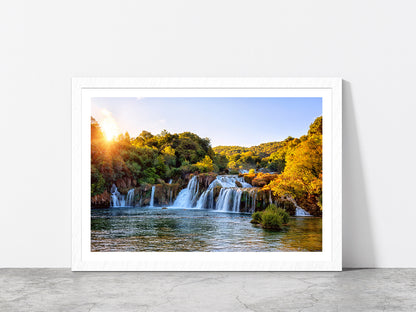 Skradinski Buk Waterfall Sunrise Glass Framed Wall Art, Ready to Hang Quality Print With White Border White