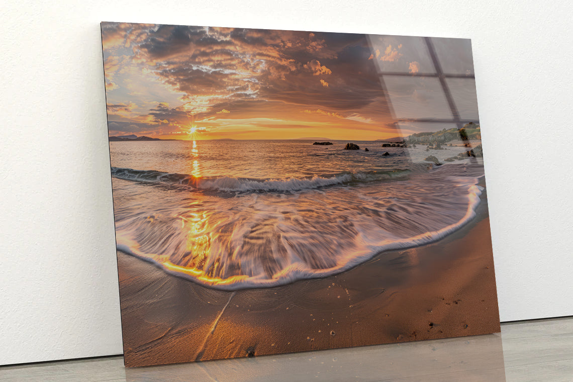 Beach Scene with Waves and a Sunset Acrylic Glass Print Tempered Glass Wall Art 100% Made in Australia Ready to Hang