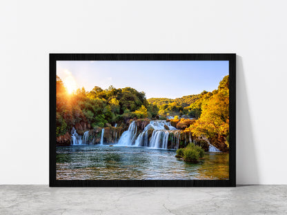 Skradinski Buk Waterfall Sunrise Glass Framed Wall Art, Ready to Hang Quality Print Without White Border Black