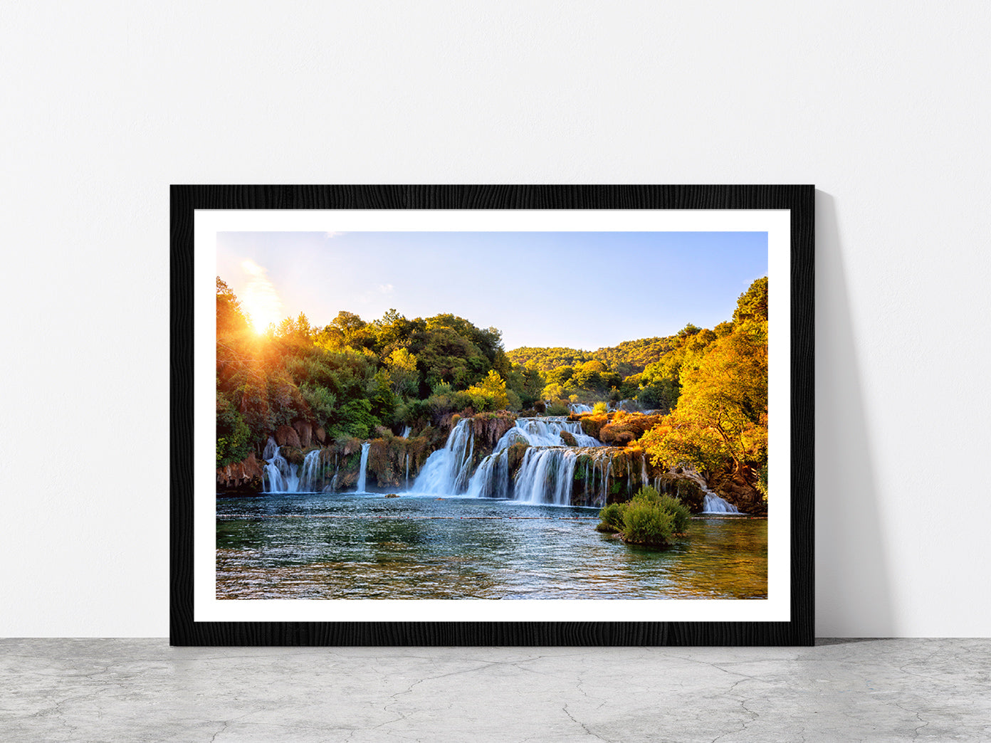 Skradinski Buk Waterfall Sunrise Glass Framed Wall Art, Ready to Hang Quality Print With White Border Black