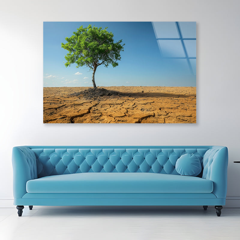 A Tree Is Standing In a Barren Desert Acrylic Glass Print Tempered Glass Wall Art 100% Made in Australia Ready to Hang