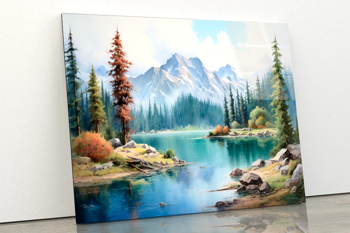 Mountain Lake Is Surrounded by Snow  Acrylic Glass Print Tempered Glass Wall Art 100% Made in Australia Ready to Hang