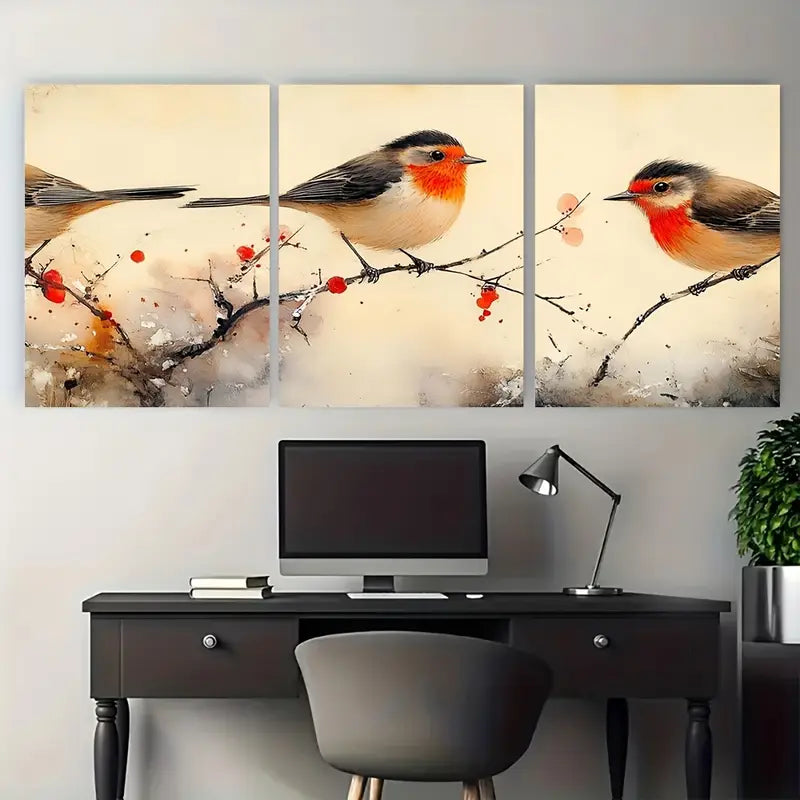 3pcs Birds on a Branch Japanese Nature Metal Print Ready to Hang Art