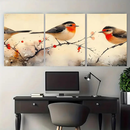 3pcs Birds on a Branch Japanese Nature Metal Print Ready to Hang Art