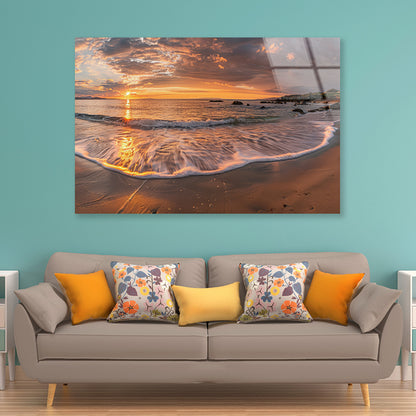 Beach Scene with Waves and a Sunset Acrylic Glass Print Tempered Glass Wall Art 100% Made in Australia Ready to Hang