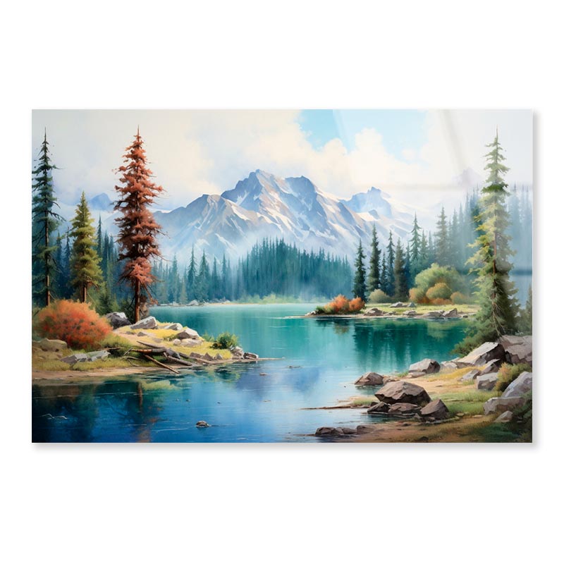 Mountain Lake Is Surrounded by Snow  Acrylic Glass Print Tempered Glass Wall Art 100% Made in Australia Ready to Hang