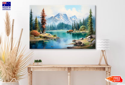 Mountain Lake Is Surrounded by Snow  Wall Art Decor 100% Australian Made