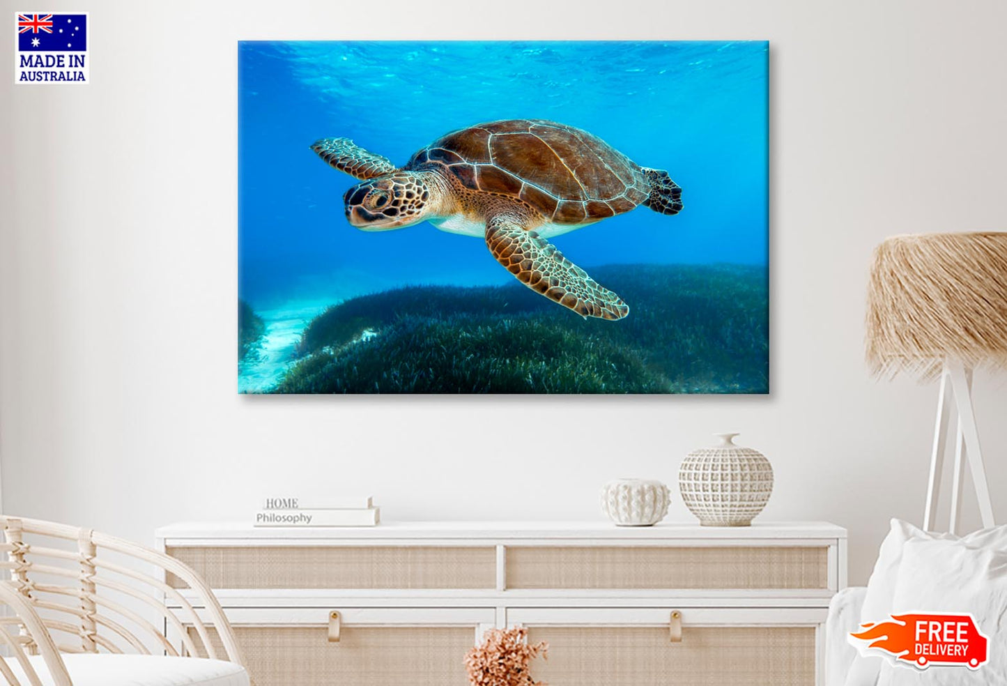 Turtle Swimming in The Ocean with A Lot of Water Wall Art Decor 100% Australian Made