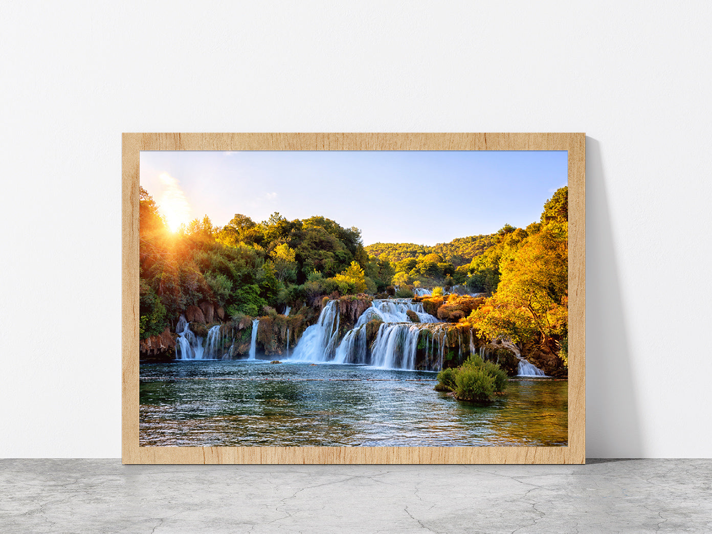 Skradinski Buk Waterfall Sunrise Glass Framed Wall Art, Ready to Hang Quality Print Without White Border Oak