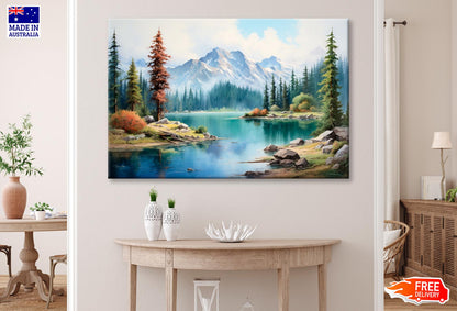 Mountain Lake Is Surrounded by Snow  Wall Art Decor 100% Australian Made