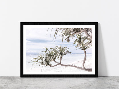 Palms Beach & Blue Sky Faded View Photograph Glass Framed Wall Art, Ready to Hang Quality Print With White Border Black