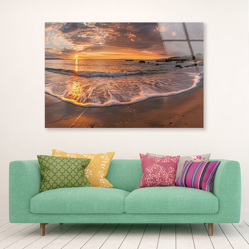 Beach Scene with Waves and a Sunset Acrylic Glass Print Tempered Glass Wall Art 100% Made in Australia Ready to Hang