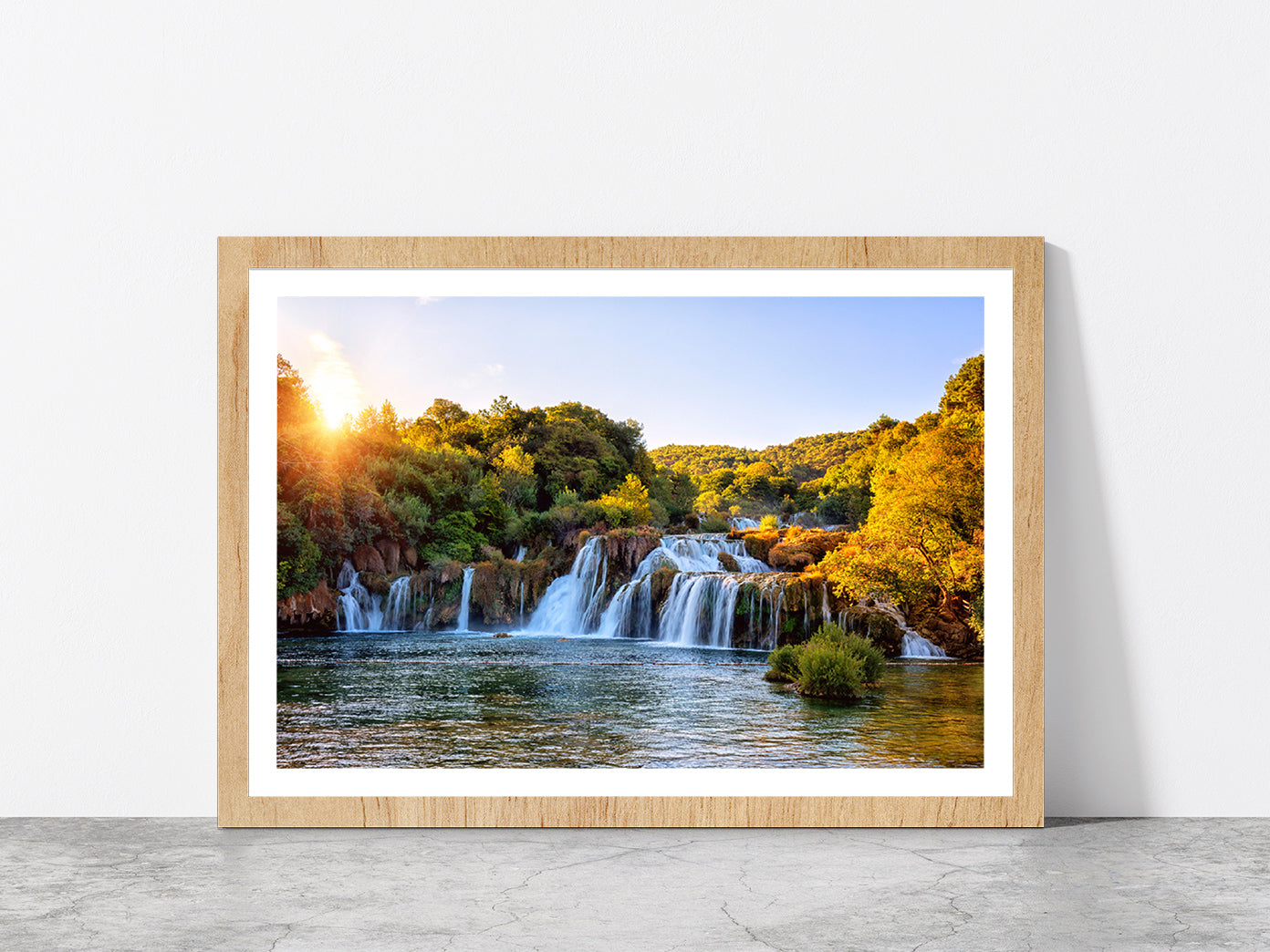 Skradinski Buk Waterfall Sunrise Glass Framed Wall Art, Ready to Hang Quality Print With White Border Oak