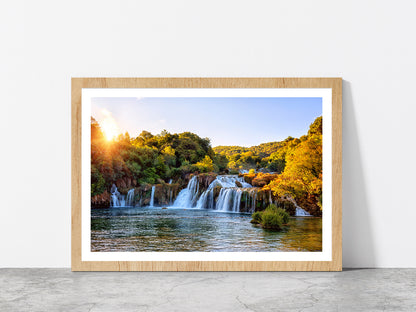 Skradinski Buk Waterfall Sunrise Glass Framed Wall Art, Ready to Hang Quality Print With White Border Oak