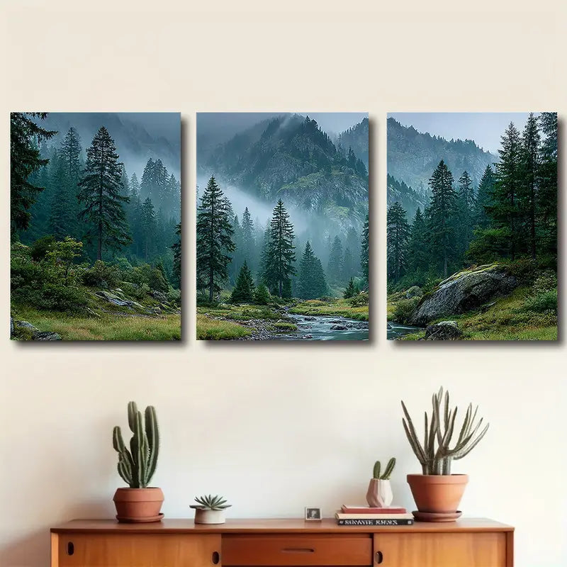 3pcs Canadian Forest Misty Stream Scene Wall Art Set Canvas Framed 60x90cm - High Quality Print 100% Australian Made Wall Canvas Ready to Hang