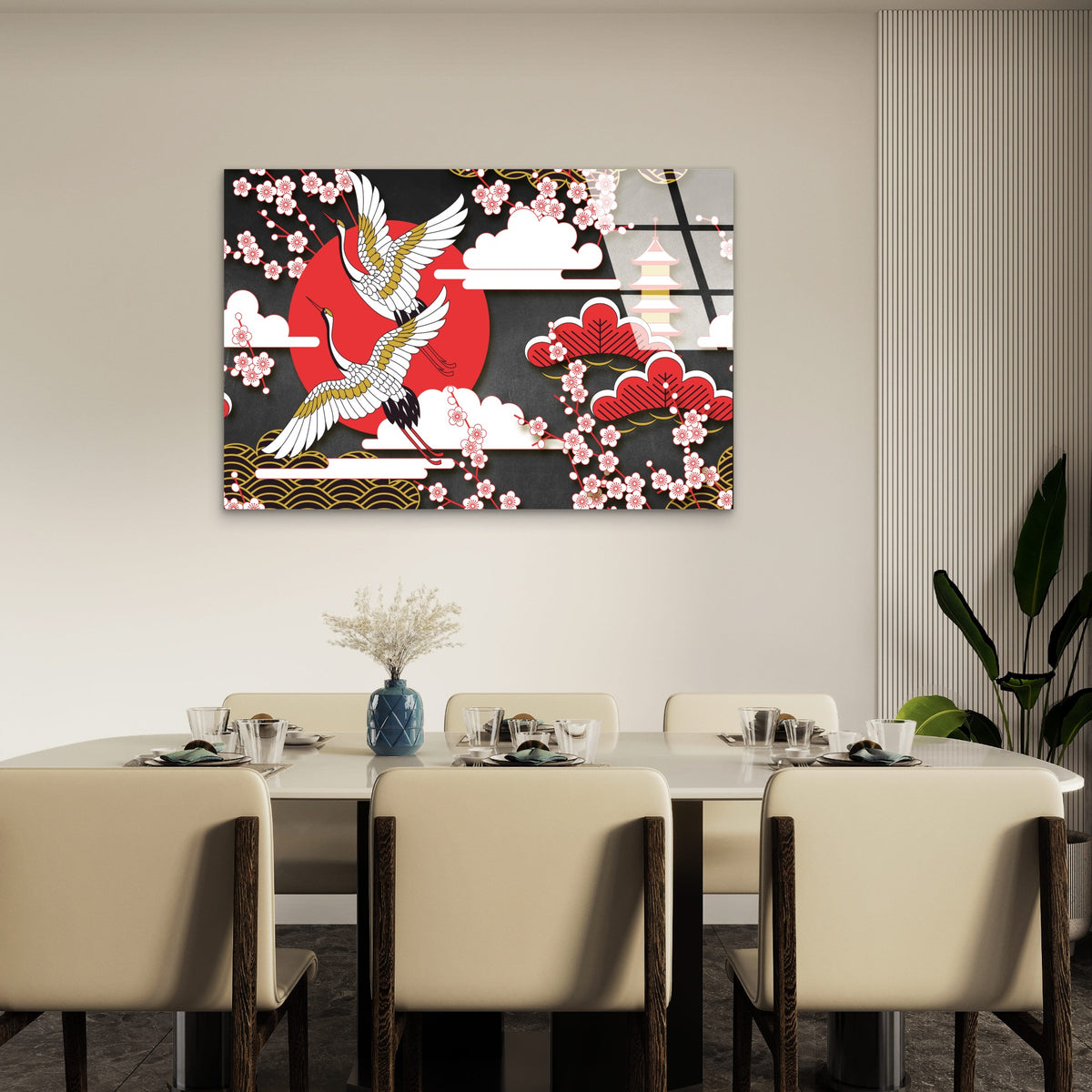 Flying Cranes Red Rising Sun Glass Printing Wall Art Australian Made Quality
