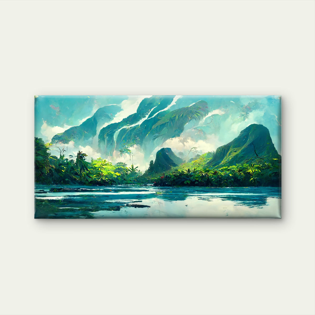 Tropical Teal Mountain Island Wall Art Canvas Office Home Room Framed 120x60cm
