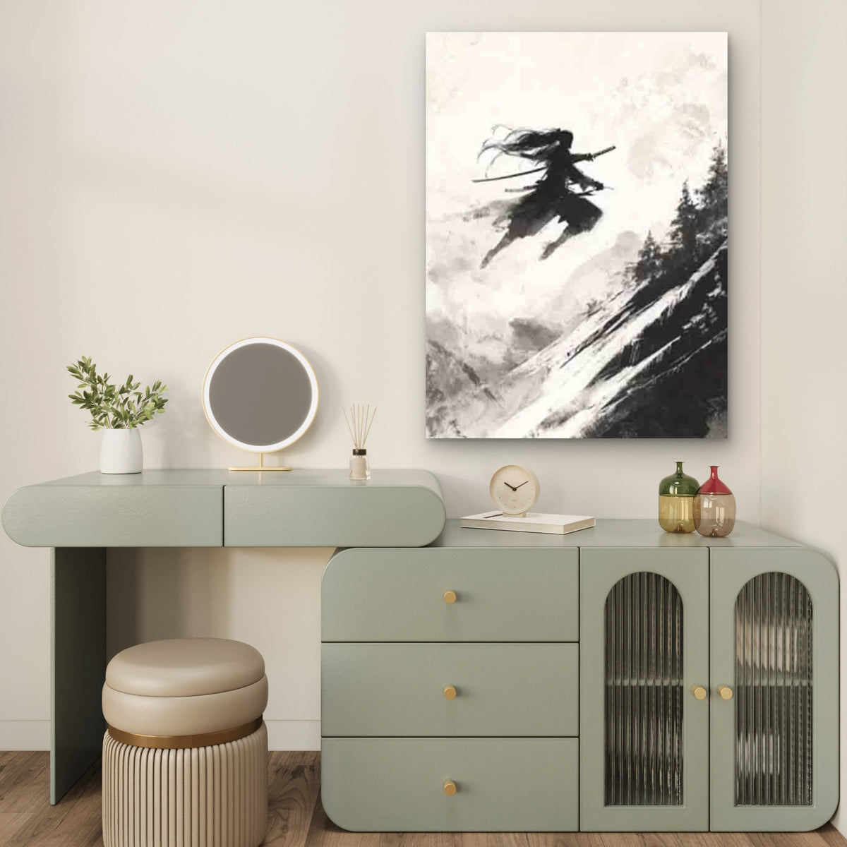 Abstract Long-Haired Samurai Ink Painting 60x90cm Metal Print Ready to Hang