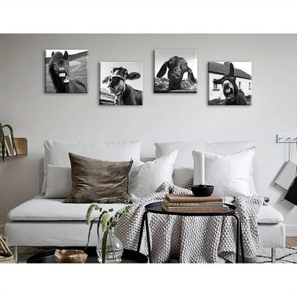 4pcs Horse, Cow, Goat, Donkey with Humorous Wall Art Canvas Framed