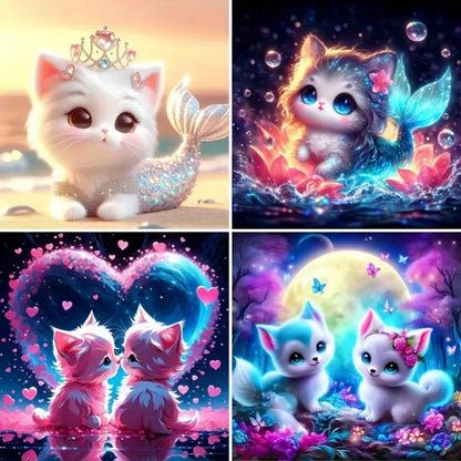 4pcs Cartoon Cat Art, Mermaid Cat  Wall Art Canvas Framed