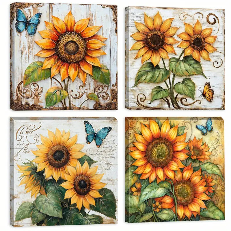 4pcs Butterfly Wall Art, Sunflower Wall Art, Wall Art Canvas Framed