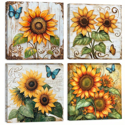 4pcs Butterfly Wall Art, Sunflower Wall Art, Wall Art Canvas Framed