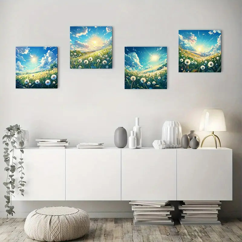 4pcs Dandelion Sunrise Landscape Wall Art Canvas Framed