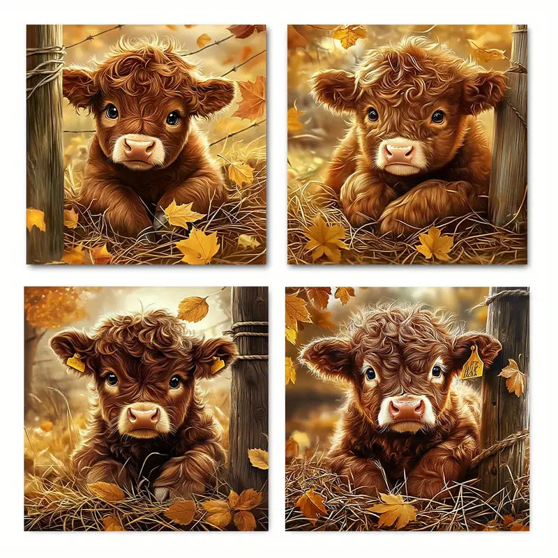 4pcs Delightful Cow on Grass, Modern    Wall Art Canvas Framed
