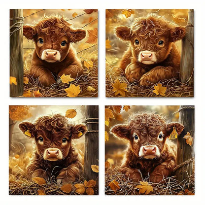 4pcs Delightful Cow on Grass, Modern    Wall Art Canvas Framed