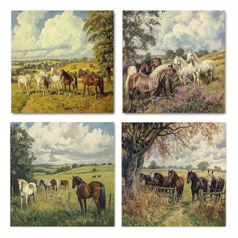 4pcs Antique Horse Pastoral Scenes  Wall Art Canvas Framed