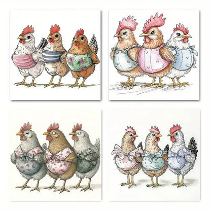 4pcs  Funny Chickens Art Deco Classic    Wall Art Canvas Framed