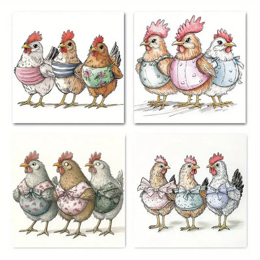 4pcs  Funny Chickens Art Deco Classic    Wall Art Canvas Framed