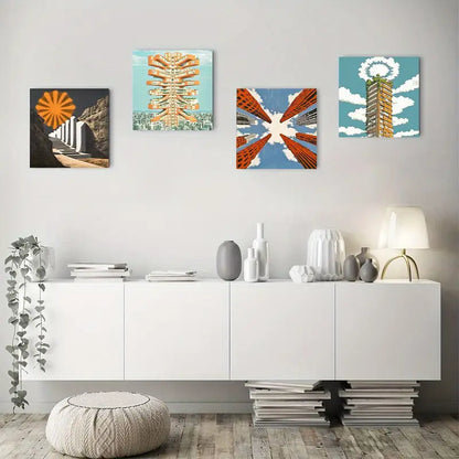 4pcs Vibrant Orange Waves & Sky Designs Wall Art Canvas Framed