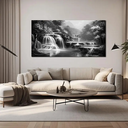 Black and White Serene Waterfall Nature Scene Wall Art canvas office home room framed 120x60cm