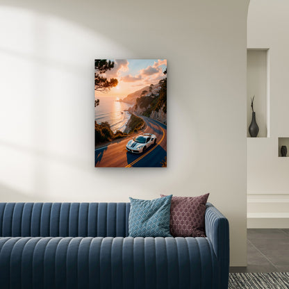 Car on the Scenic Coastal Road 40x60cm Metal Print Ready to Hang