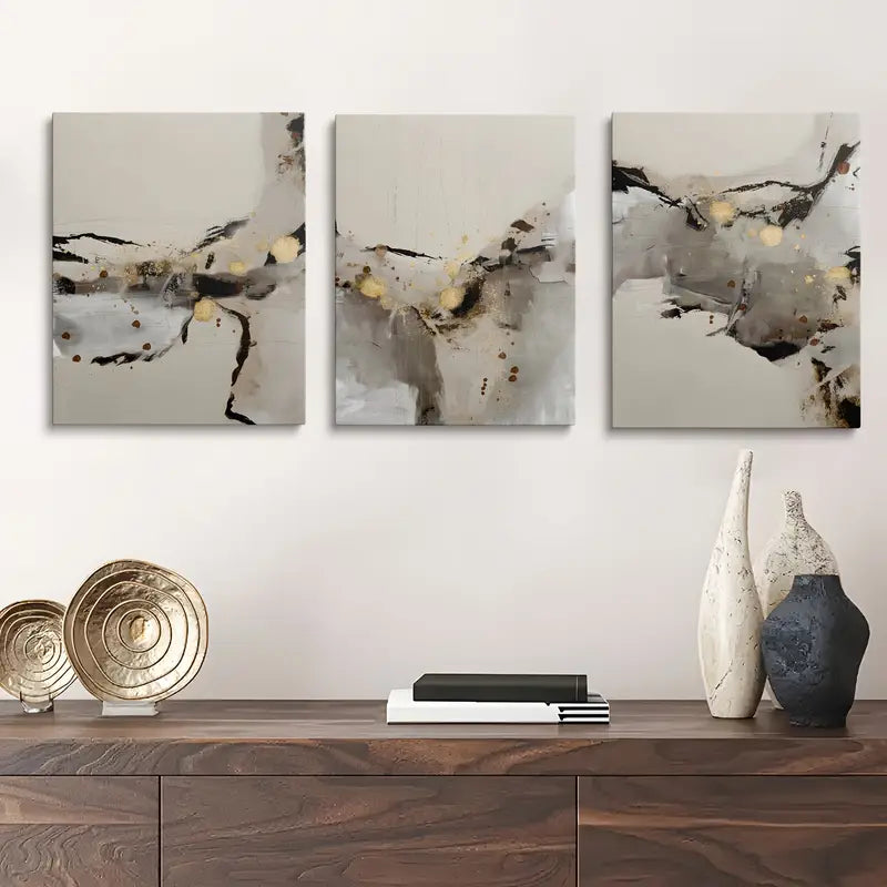 3pcs Abstract Black Grey Gold Classic Design Metal Print Ready to Hang Art