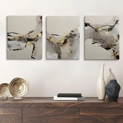 3pcs Abstract Black Grey Gold Classic Design Metal Print Ready to Hang Art