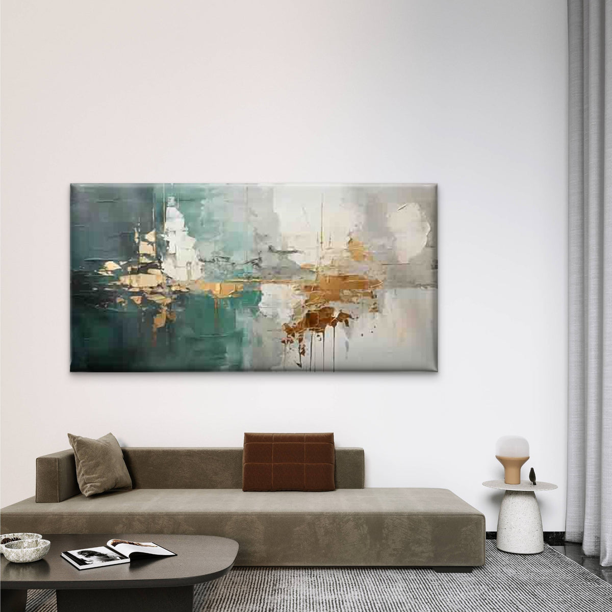 Teal, White & Golden Abstract Wall Art Canvas Office Home Room Framed 120x60cm