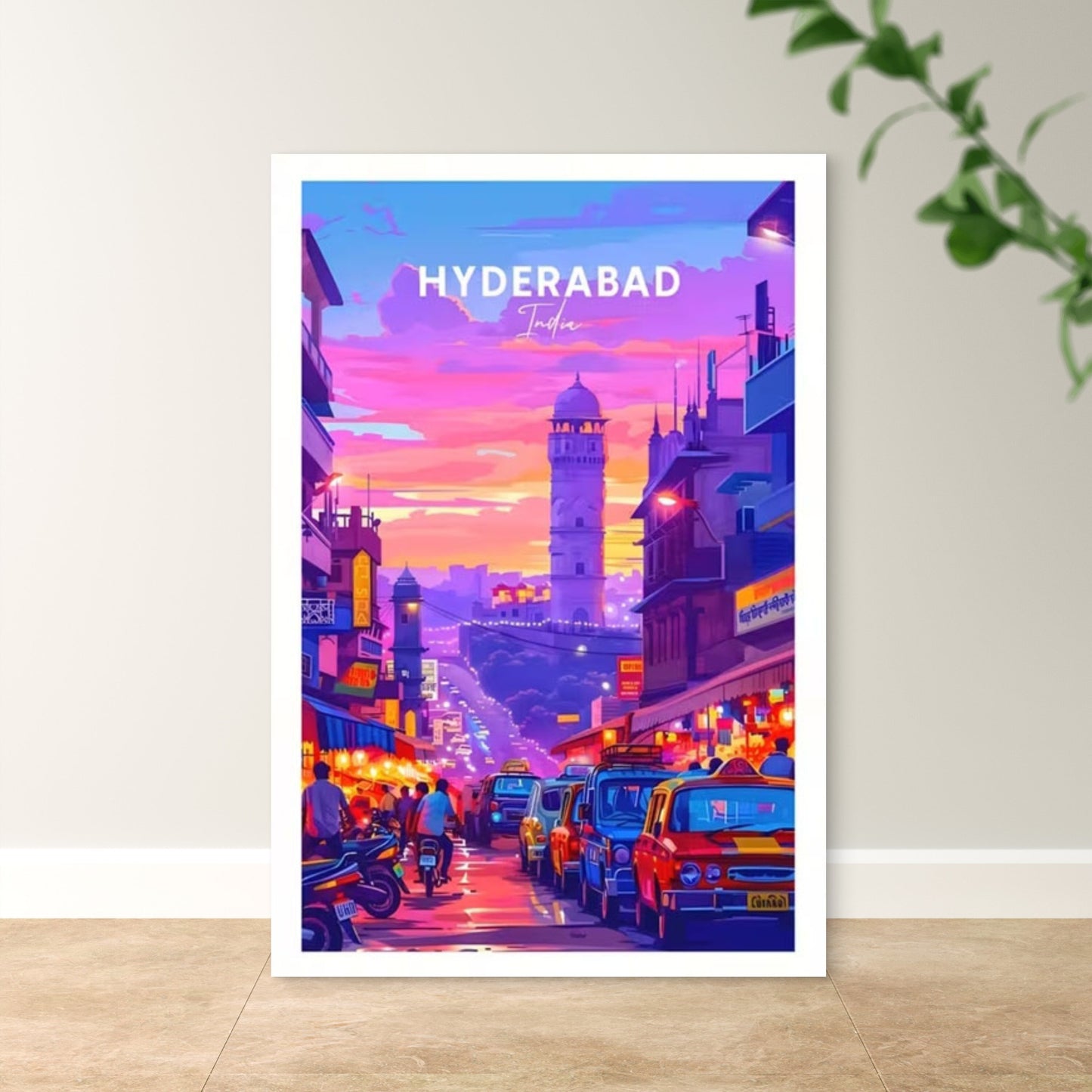 Hyderabad India Pink & Purple Skyline Travel Poster Print Wall Art