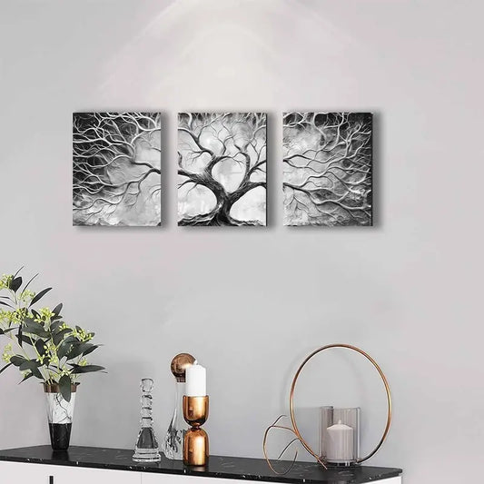 3pcs Black And White Tree Wall Art Metal Print Ready to Hang Art