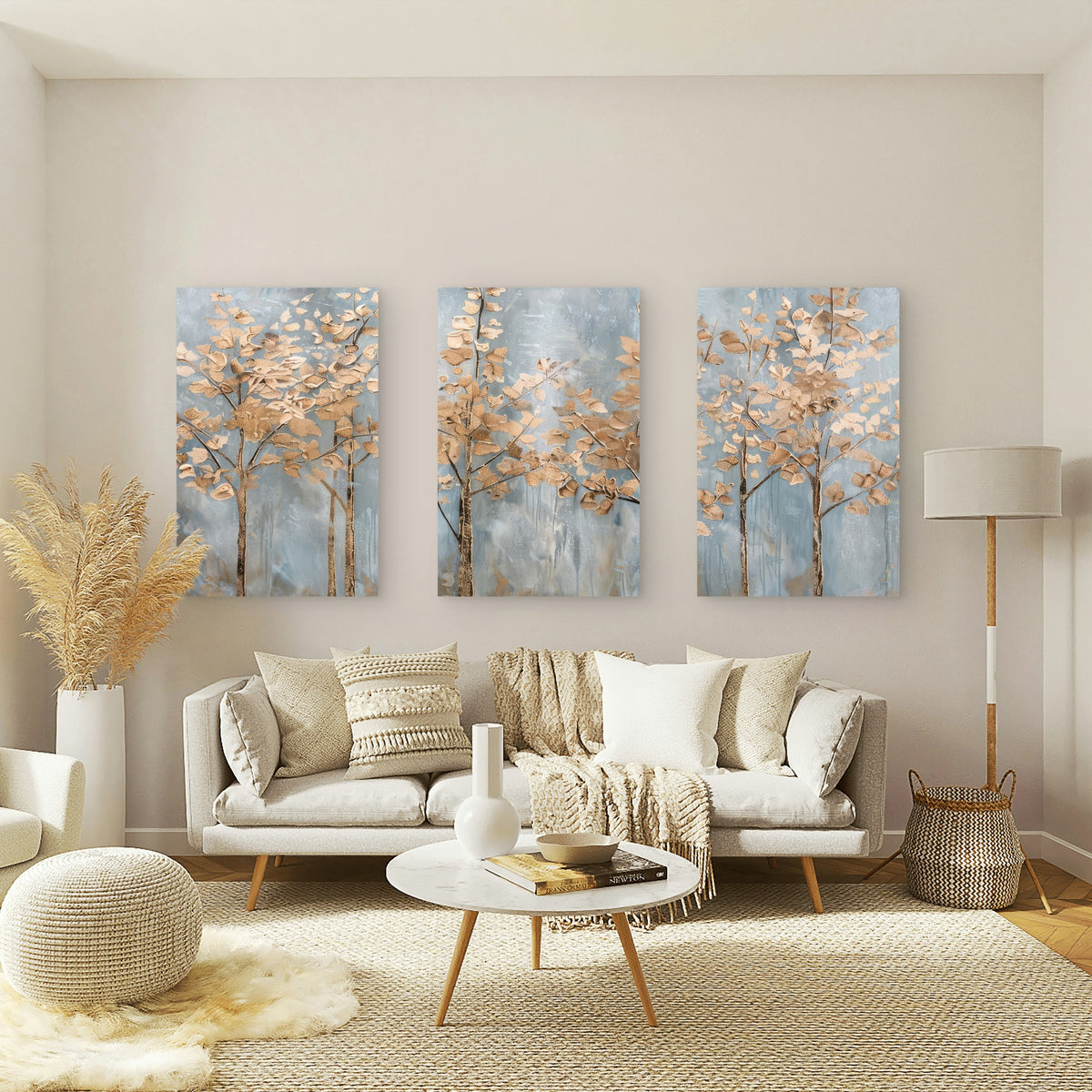 3pcs Abstract Gold Tree Blue Grey Woodland Wall Art Set Canvas Framed 60x90cm - High Quality Print 100% Australian Made Wall Canvas Ready to Hang