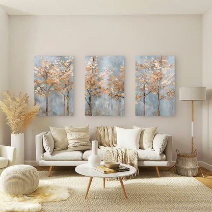 3pcs Abstract Gold Tree Blue Grey Woodland Wall Art Set Canvas Framed 60x90cm - High Quality Print 100% Australian Made Wall Canvas Ready to Hang