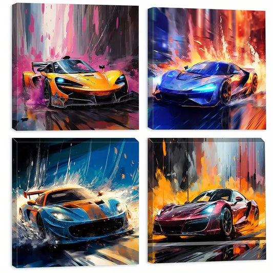 4pcs Orange, Blue,  Red & Black Racing Cars  Wall Art Canvas Framed