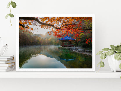 Autumn Leaves On Shore Of The Lake Glass Framed Wall Art, Ready to Hang Quality Print Without White Border White