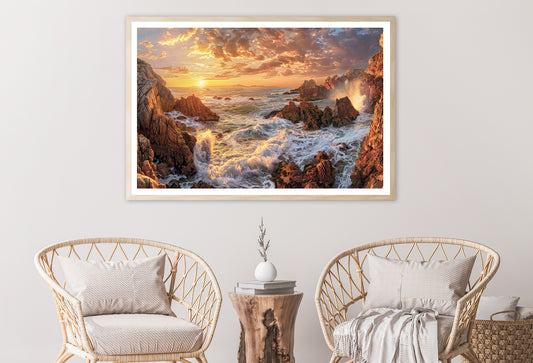 Rocky Coastline at Sunset with Waves Home Decor Premium Quality Poster Print Choose Your Sizes