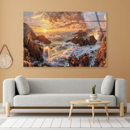 Rocky Coastline at Sunset with Waves Acrylic Glass Print Tempered Glass Wall Art 100% Made in Australia Ready to Hang