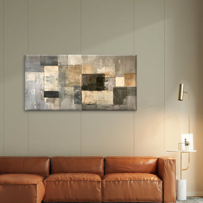 Neutral Grey Beige Geometric Mosaic Block Abstract Wall Art Canvas Office Home Framed 120x60cm